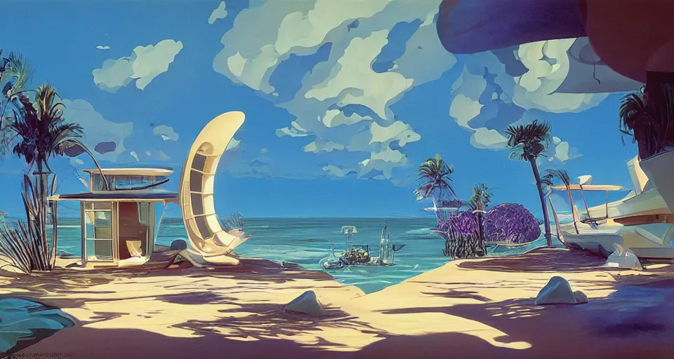 Image similar to nacre seashell house, atmospheric cinematography by syd mead and chuck jones