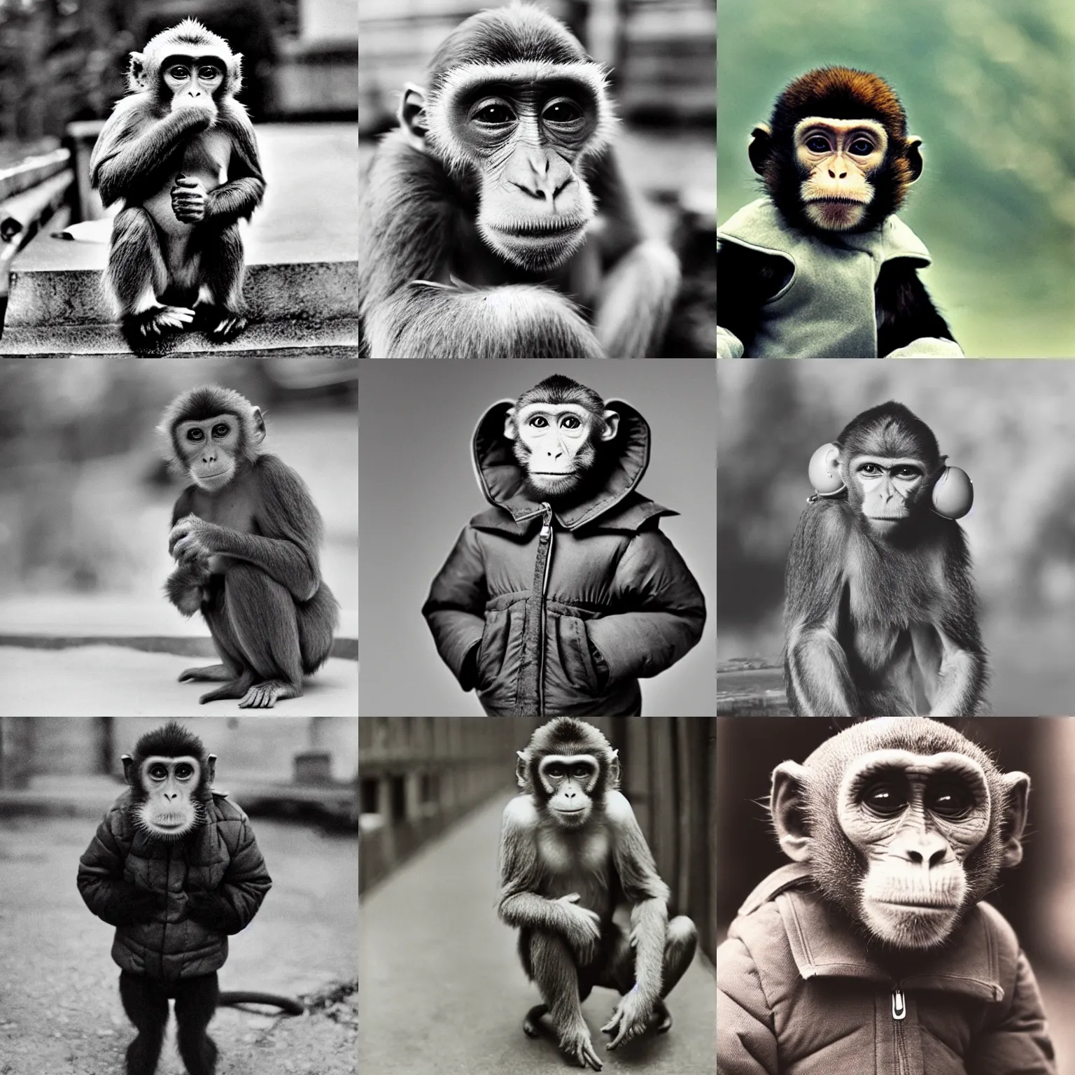 Prompt: an old photo of a monkey wearing a puffer jacket