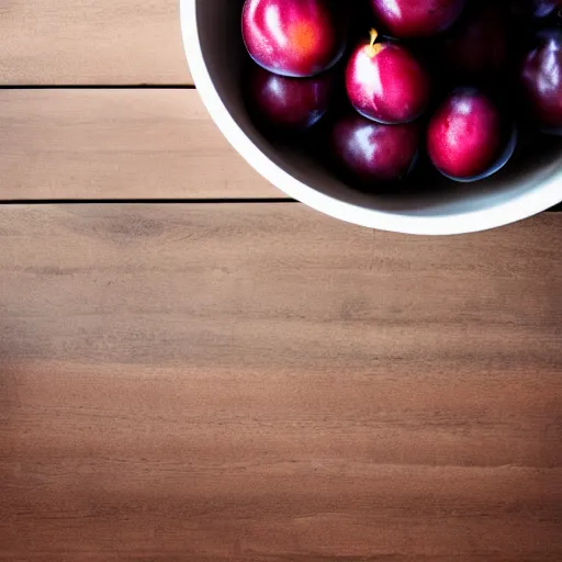 Image similar to photo of a thick porcelain bowl filled with a few moist freshly picked plums on a wooden table. volumetric lighting. 4 k. small scale. realistic.