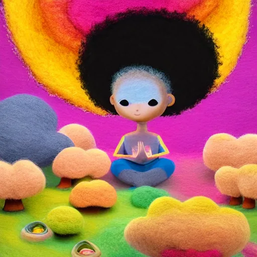 Image similar to a black girl with a colorful afro and big beautiful eyes meditating in a rainbow mushroom zen garden, bokeh, bright colors, synthwave, watercolor, volumetric wool felting, felt, macro photography, children illustration, by goro fujita