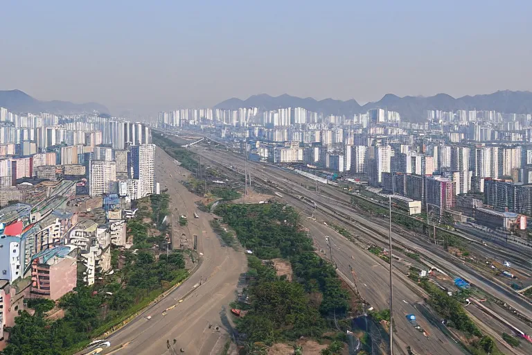 Image similar to Pyongyang if it was a South Korean city, street view