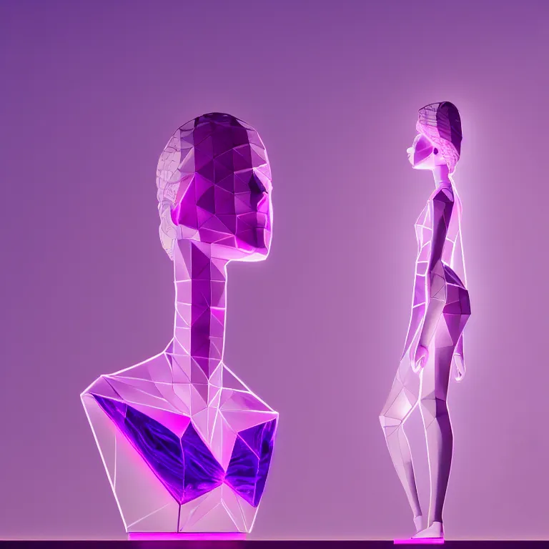 Image similar to beautiful mannequin sculpted out of amethyst by billelis + lit with 3 d geometric neon + doorway opening with neon pink geometric light + hosta flowers!!!, moon in background!!!!!!, rule of thirds, clean linework, dramatic, award winning, 4 k, trending on artstation, photorealistic, volumetric lighting, octane render