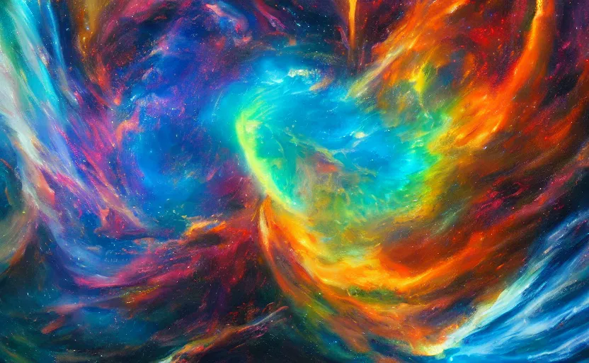 Image similar to an abstract oil painting of an unbelievably beautiful space nebula; all swirling light and fire; hyper-detailed; an extraordinary masterpiece!!!; flawless; trending on artstation