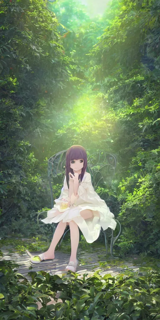 Image similar to a digital art of a loli with long hair in a dress sitting on a metal garden chair in the privet garden at afternoon, green and warm theme, back lighting, by akihito yoshida and greg rutkowski and makoto shinkai, extremely long shot, detailed eyes, 4 k resolution, trending on art station