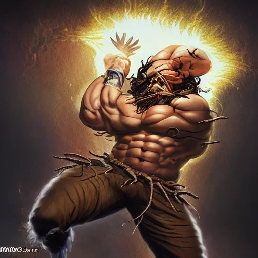 Image similar to jason momoa as dhalsim street fighter, breathing fire, ultra realistic, concept art, intricate details, highly detailed, photorealistic, octane render, 8 k, unreal engine, art by frank frazetta, simon bisley, brom