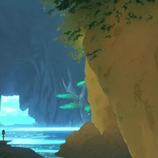 Prompt: an explorer exploring a large cave, water, by Dice Tsutsumi, Makoto Shinkai, Studio Ghibli