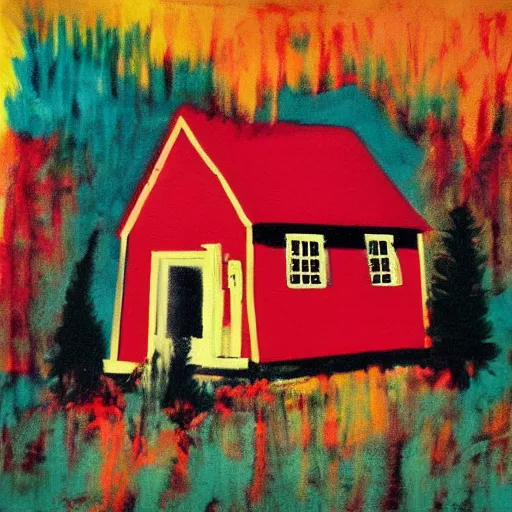 Image similar to a painting of a eerie cabin in the middle of the woods in the style of andy warhol