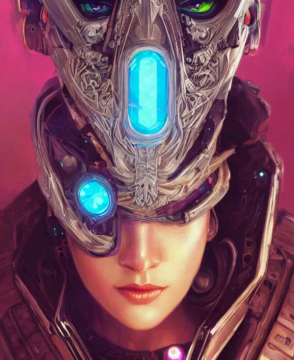 Image similar to portrait of a cyberpunk masked evil, half body, glowin eyes, d & d, fantasy, intricate, elegant, highly detailed, colorful, vivid color, digital painting, artstation, concept art, art by artgerm and greg rutkowski and alphonse mucha and ruan jia