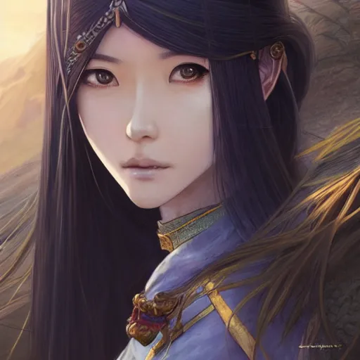 Image similar to ancient asian dynasty princess, three kingdom, dynasty warriors, standing in an oasis in the desert, anime movie, beautiful, elegant, headshot, long black hair, digital painting, smooth, concept art, art by makoto shinkai, wlop, livia prima, artgerm, greg rutkowski