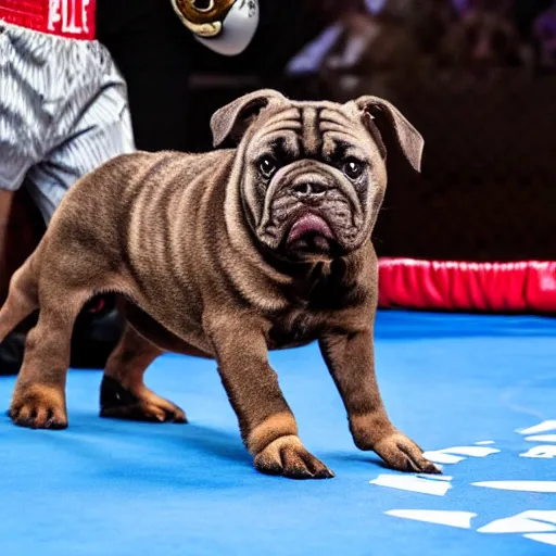 Prompt: brindle bullmastiff puppy in boxing match