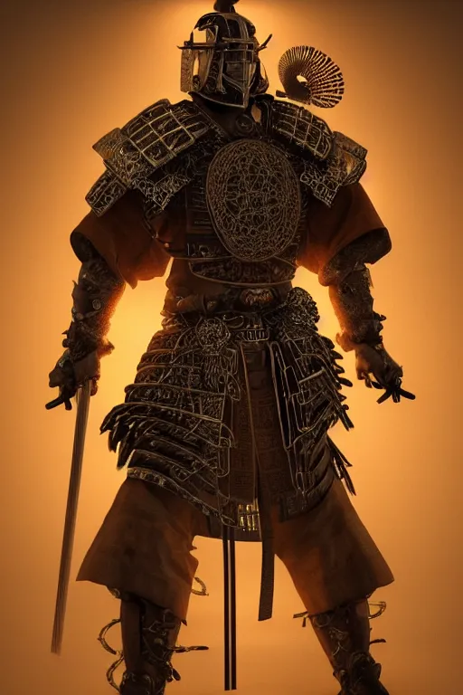 Image similar to a centered render of a majestic post apocalyptic samurai warrior wearing armour and leather clothing surrounded by bio - luminescent jellyfish and sacred geometry, cinematic, beautifully lit, by artgerm, by donato giancola, by viktoria gavrilenko 3 d, trending on artstation, octane render, 8 k