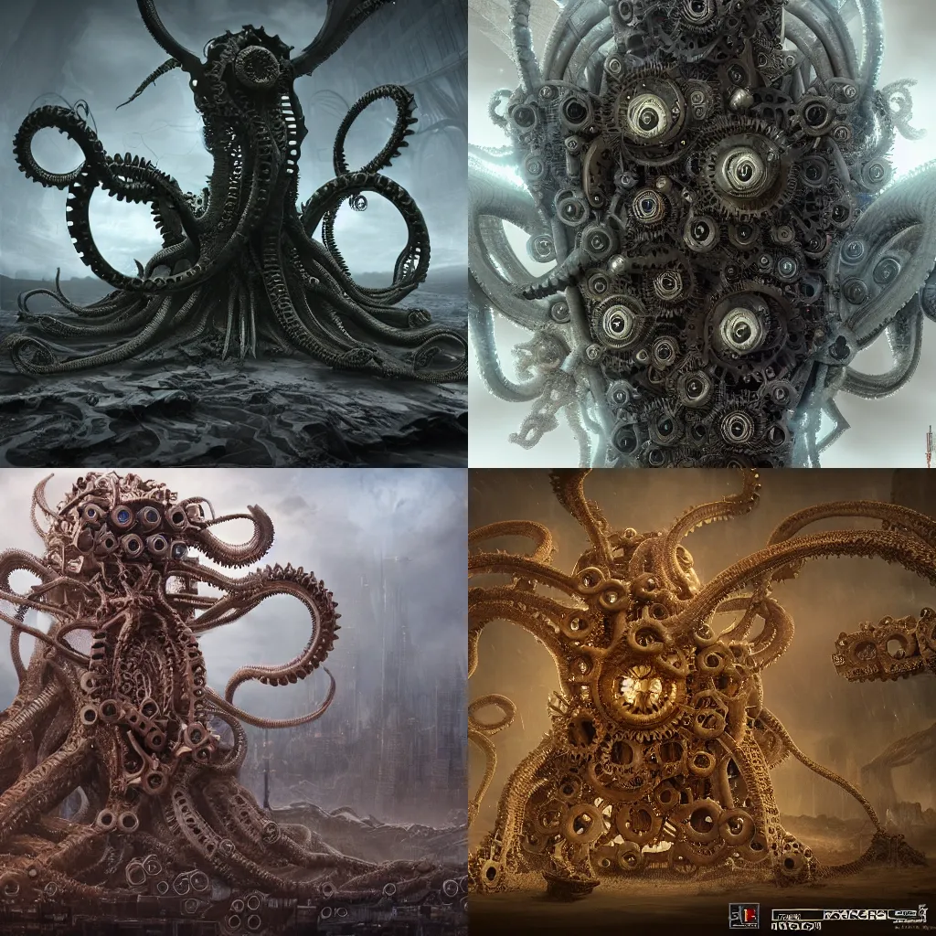 Prompt: an eldritch abomination made of gears and tentacles, matte painting, 8k, trending on artstation