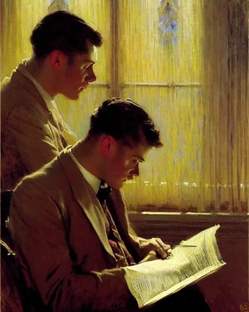 Image similar to attractive man reading the weather report live on tv 1 9 4 8 melancholy, nostalgia, painting by gaston bussiere, craig mullins, j. c. leyendecker