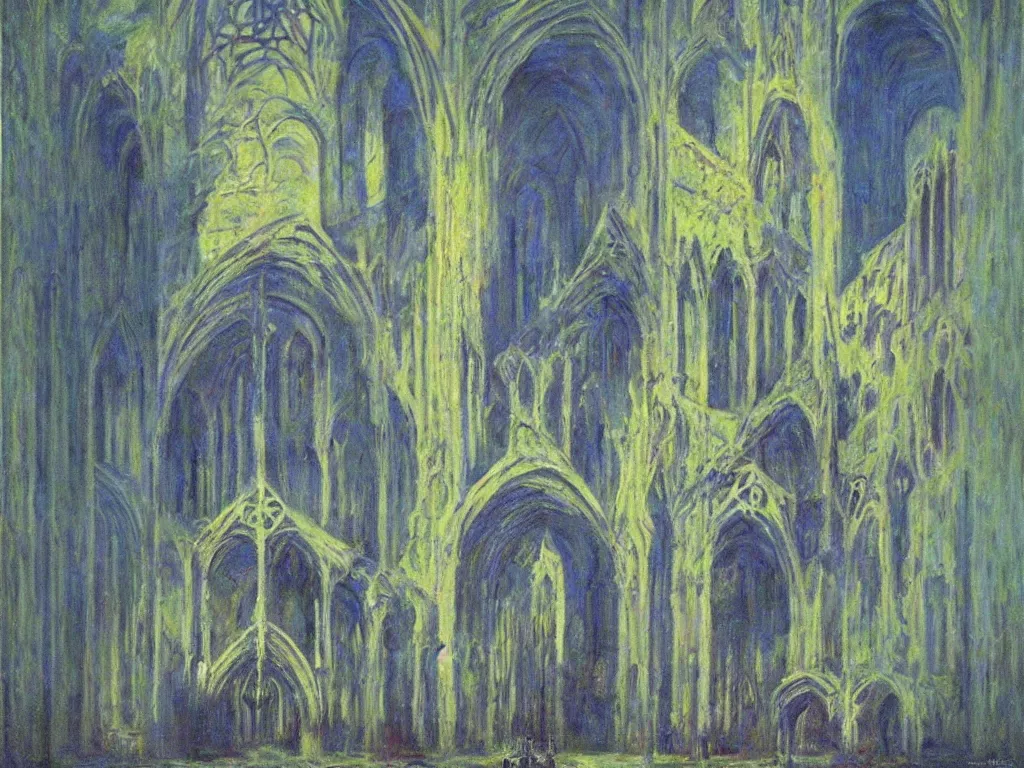 Prompt: gothic deserted cathedral with dream bot mothership psychedelia. monet, matisse, wayne barlowe, agnes pelton, rene magritte