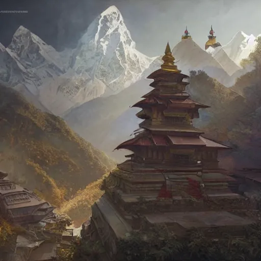 Image similar to painting nepal in year 2 0 7 7, ultra realistic, concept art, intricate details, eerie, highly detailed, photorealistic, octane render, 8 k, unreal engine. art by artgerm and greg rutkowski and alphonse mucha