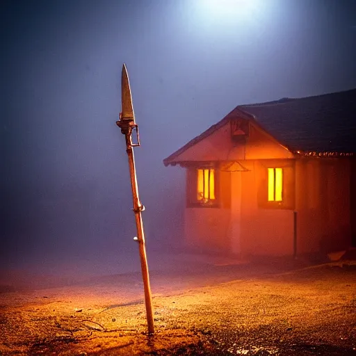 Image similar to a small village at night time, orange glowing light filters out through the windows of the houses and a thin mist has settled around then, a lone guard stands watch armed with a spear and a flaming torch, dramatic, dark moody lighting, high quality