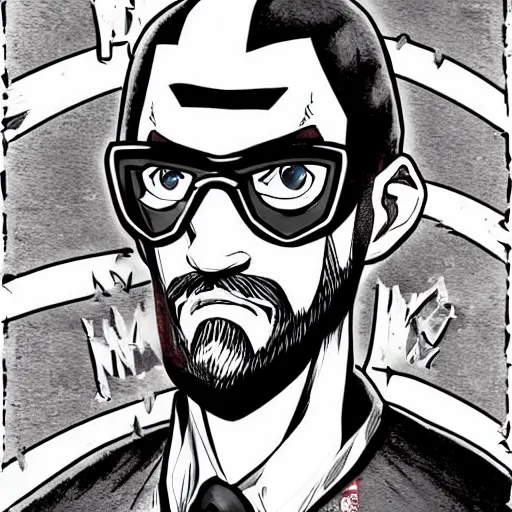 Image similar to Gordon Freeman of Half-Life 2 in the style of JoJo’s Bizarre Adventure, manga art, high-resolution scan