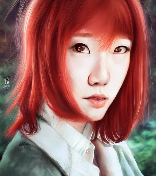 Prompt: mahiru koizumi, a redheaded japanese photographer with a bowl cut and a freckled face, takes a picture of you, adorable, beautiful art by stanley lau, artgerm, rossdraws, ross tran, sakimichan, cyarine, beautiful art