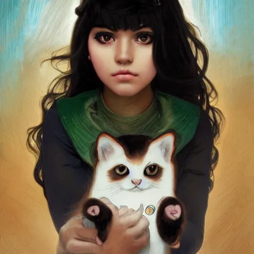 Image similar to cute emo mexican girl and her cat, with long dark hair, thick eyebrows!!! deep dark big shiny eyes and dark circles!, wide nose!!!, oval face shape, big cheeks! by juan villafuerte, greg rutkowski and alphonse mucha, pexels contest winner, high quality photo, rtx, hd