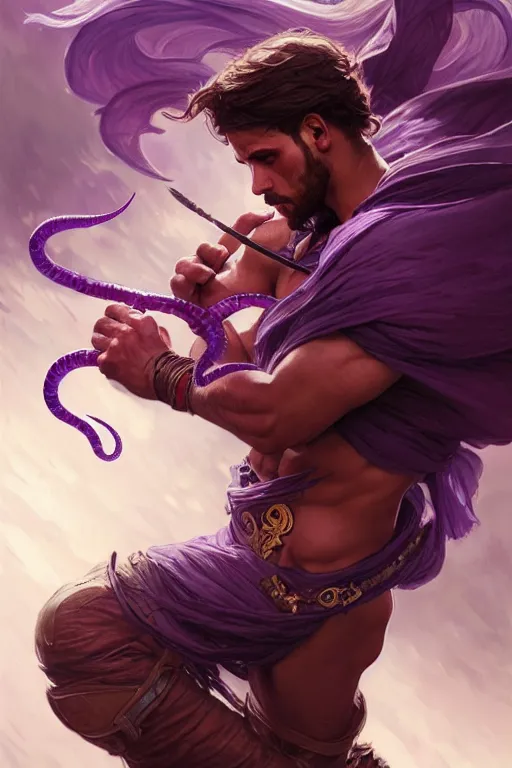 Prompt: male fighter fighting a purple worm, fantasy, amber eyes, face, long hair, intricate, elegant, highly detailed, digital painting, artstation, concept art, smooth, sharp focus, illustration, art by artgerm and greg rutkowski and alphonse mucha
