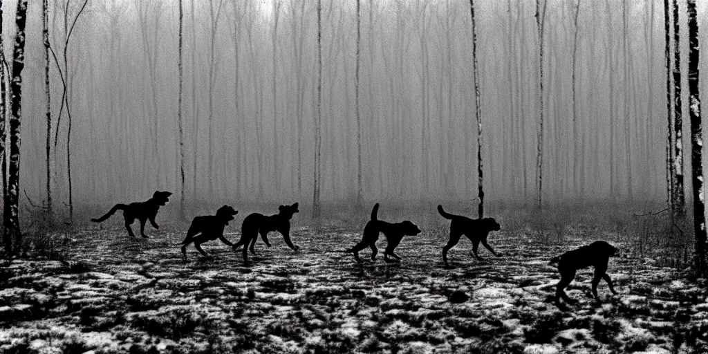 Prompt: movie still by tarkovsky crowd of hunter and crowd of dogs running 7 in a swamp snowy with birch forest backround, cinestill 8 0 0 t 3 5 mm b & w, heavy grain, high quality, noir, natural textures, photorealistic, ambient occlusion, hd, dof, mud, fog