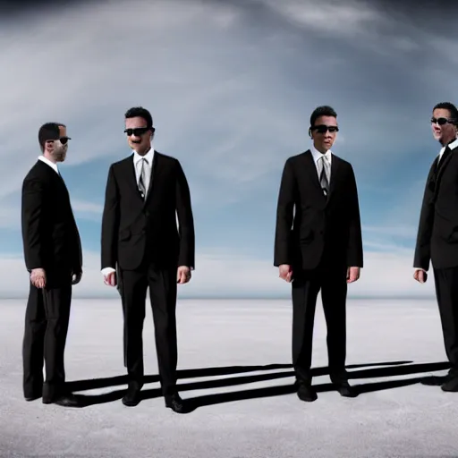 Image similar to men in black standing at the edge of the galaxy, cinematic, photoshopped, high details