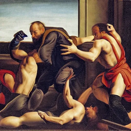 Image similar to three clones of Alex Jones fighting in a courtroom, renaissance painting