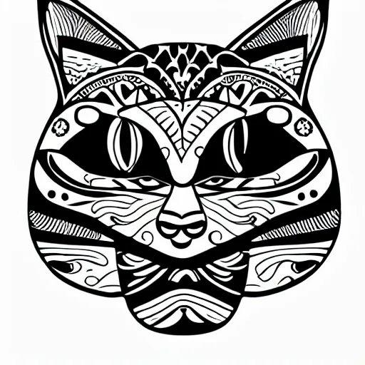 Image similar to { { tattoo sketch } } }, cat, { { without eye } }, draft, polinesian { ornament }, line art, vector