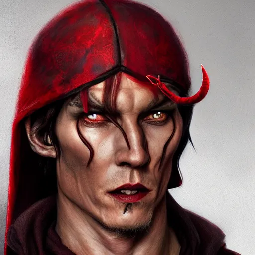 Prompt: portrait of a male tiefling with red skin wearing a black hood, slight smile, looking like johnny depp and Benedict Cumberbatch, D&D, fantasy, intricate, elegant, highly detailed, digital painting, artstation, concept art, smooth, sharp focus, illustration, art by artgerm and greg rutkowski and alphonse mucha