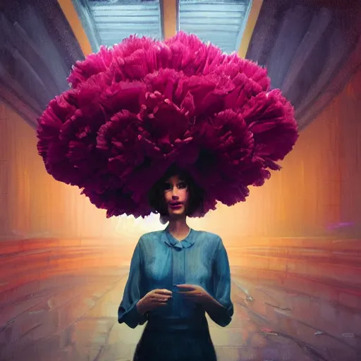 Image similar to giant carnation flower head, woman in metro station, surreal photography, dramatic light, impressionist painting, digital painting, artstation, simon stalenhag