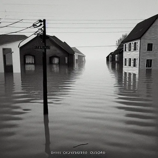 Image similar to Album Cover art for a dark ambient music project depicting a small german town being flooded