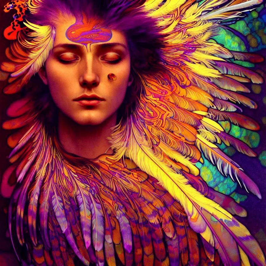 Image similar to face of innocent psychedelic transcendent feather mind bending psychedelic wings of glossy liquid honey flowing like kaleidoscopic translucent holograph, lsd feathers, feathery fluff, enlightenment, high contrast dappled lighting, refracted sunset, highly detailed, concept art, art by collier, albert aublet, krenz cushart, artem demura, alphonse mucha