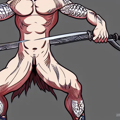 Image similar to muscular bald man, tattooed body, sword in hands, HD, anime style,