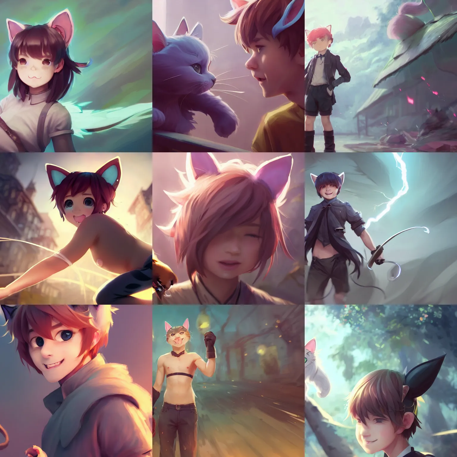 Prompt: boy with cat ears and tail, full body, blushing, happy, short smile, cinematic lightning, mid-shot, highly detailed, trending on Artstation, Unreal Engine 4k, cinematic wallpaper by Stanley Artgerm Lau, WLOP, Rossdraws, James Jean, Andrei Riabovitchev, Marc Simonetti, and Sakimichan