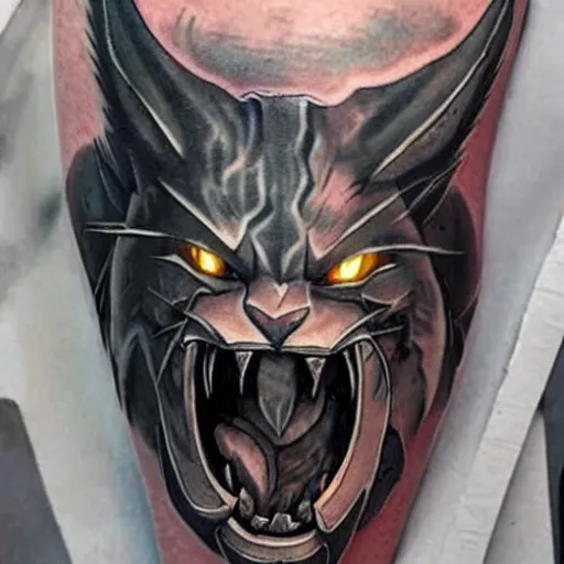 Image similar to a tatoo of rengar from league of legends,