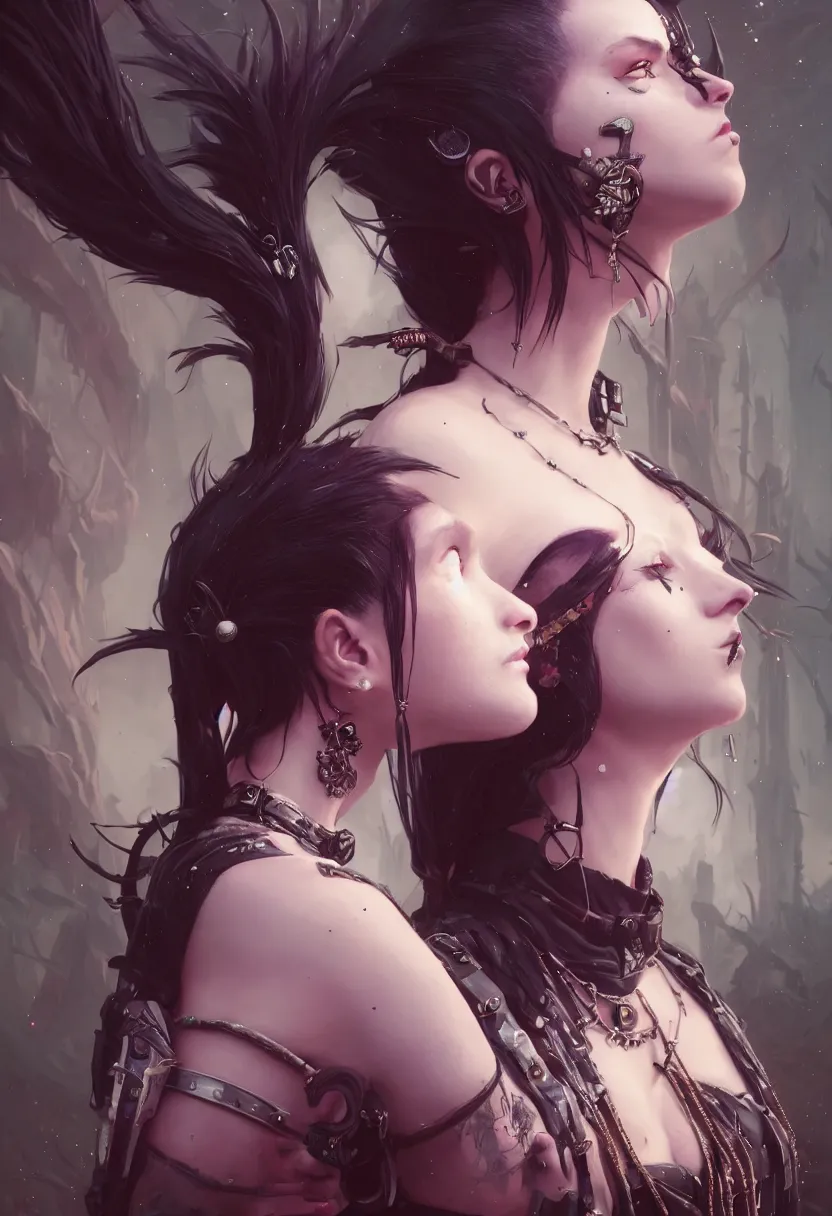 Image similar to beautiful very extreme closeup portrait, reflection in mirrors, goth girl, piercings collar, mohawk hairstyle, medieval dress. witch, makeup. unreal engine, greg rutkowski, loish, rhads, beeple, tom bagshaw, alphonse mucha, global illumination, detailed and intricate environment