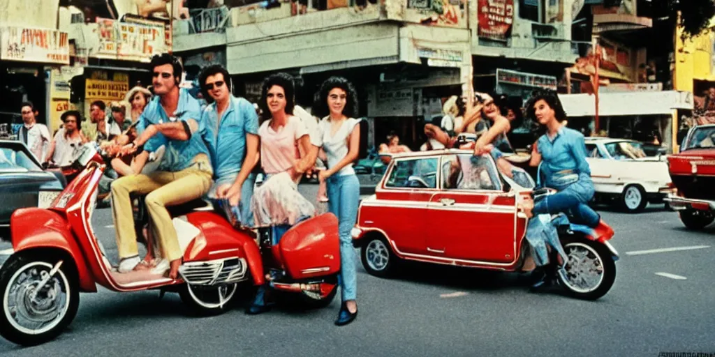 Image similar to movie in the 7 0 s, grease, disco, vespa motorcicles, fiat uno, in the city of genova still image. cinematic. color grading.