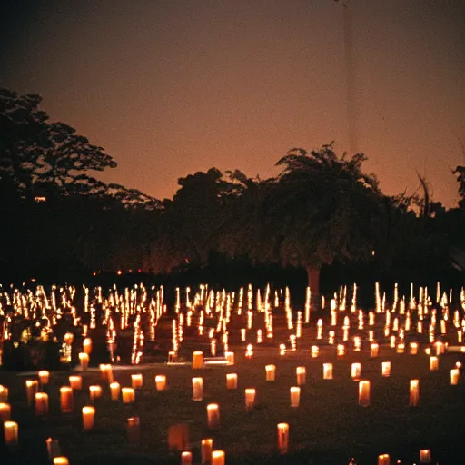 Prompt: film photography film photography of a cemetary in Mexico City, at night, lit with candles, Leica M6, cinestill 800, Noctilux 50mm