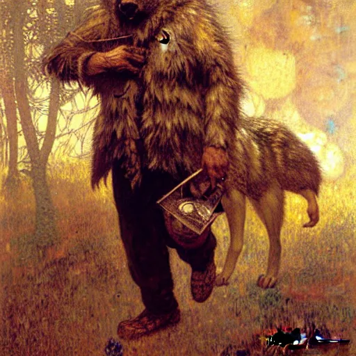 Image similar to a male boarwolfman boar wolf man wearing a shirt furry arms furry body walking stick new york. furaffinity furry art detailed face painting by gaston bussiere craig mullins jc leyendecker gustav klimt artgerm greg rutkowski furry