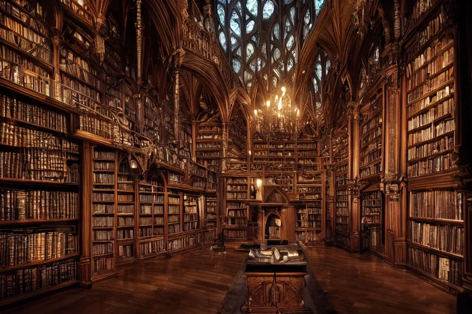 Prompt: the eldritch library of ancient lore, interior shot, high bookshelves, dark wood, candles, gothic architecture, twilight streaming through high windows, skylights