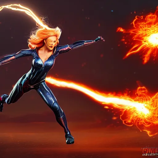 Prompt: vfx marvel woman wearing spandex armour with flowing fire hair and glowing eyes, super hero full body action pose casting a fireball, volumetric lightning, highly detailed, UE5 render, art station, center of picture.