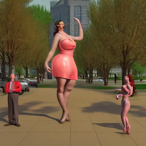 Image similar to a giantess man with a giant woman dancing together, enormous, big, by enoch bolles, 3 d render, trees, houses, street, hearts