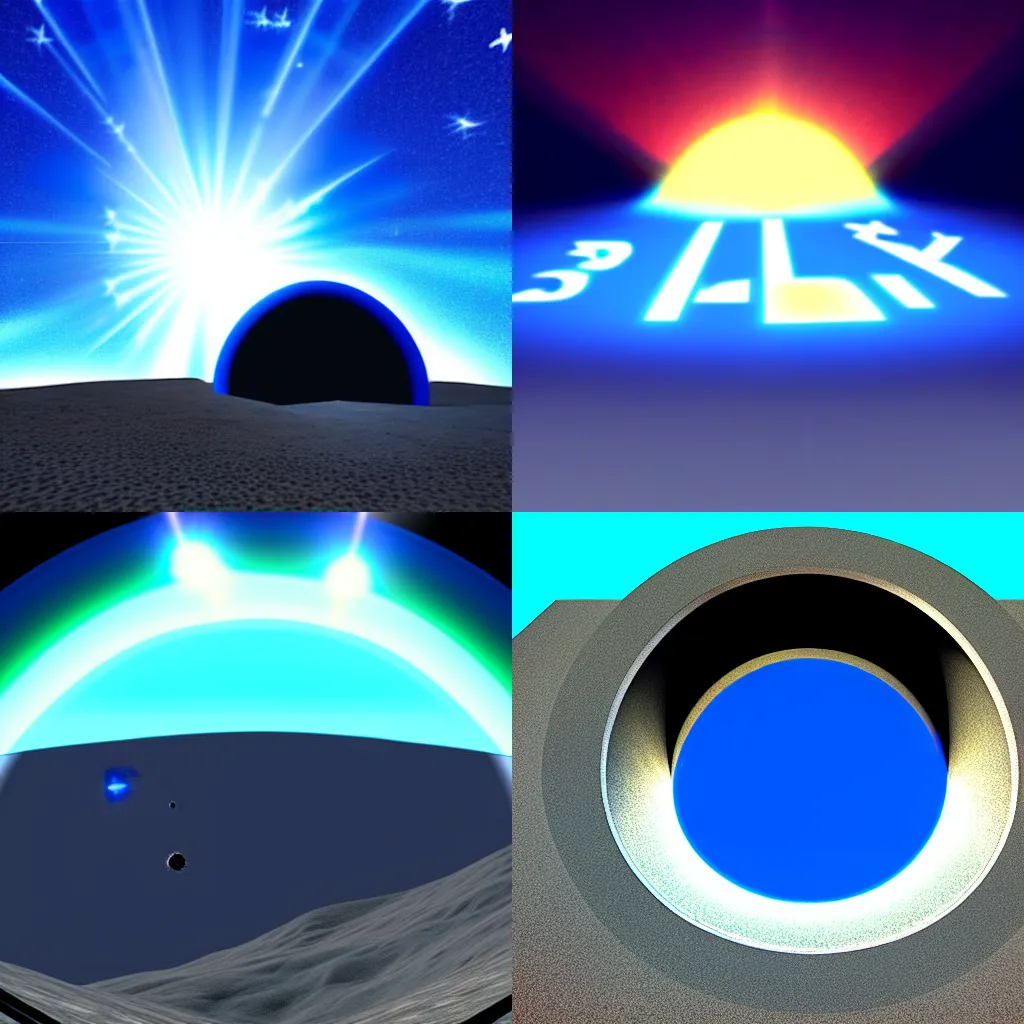 Image similar to Blue Text that says 3kliksphilp, with a picture of a concrete building in a martin crater, with a star in the sky with creating lens flare, CGI