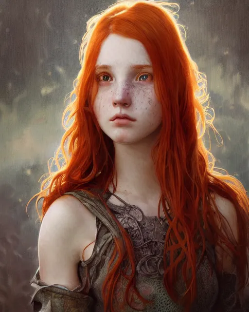 Image similar to portrait of 1 4 - year - old girl with flaming red hair, a lot of freckles, and bright brown eyes, hyper realistic face, beautiful eyes, fantasy art, in the style of greg rutkowski, intricate, alphonse mucha, hyper detailed, smooth