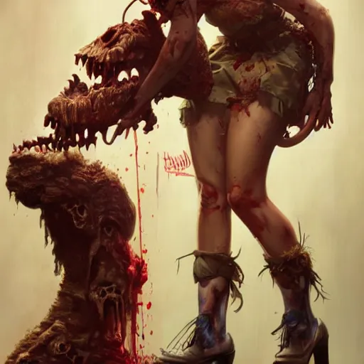 Prompt: pinup zombie from doom eternal, painted by stanley lau and gil elvgren, painted by greg rutkowski, painted by stanley, artgerm, masterpiece, digital art, trending on arts