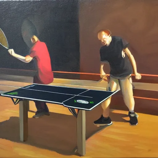 Image similar to Dos muxus xugando al ping pong sobro fondu naranxa, oil painting