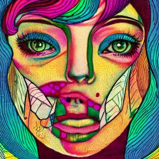 Image similar to beautiful pale brunette with giant dreamy eyes. Lsd blotter art.