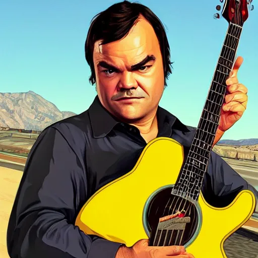 Image similar to jack black portrait with a guitar in gta v cover art, hyper realistic, highly detailed