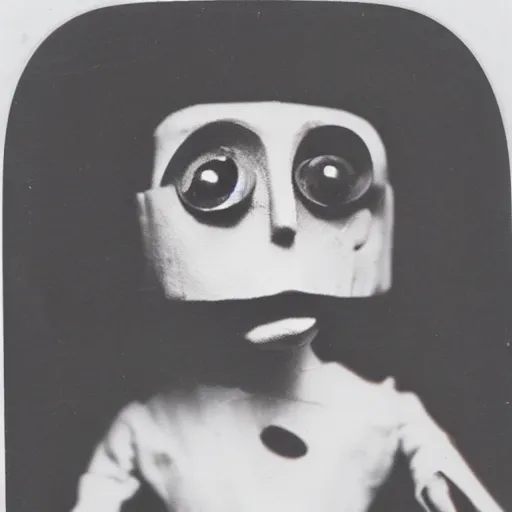 Prompt: female, creepy marionette puppet, horrific, unnerving, clockwork horror, pediophobia, lost photograph, dark, forgotten, final photo found before disaster, polaroid,