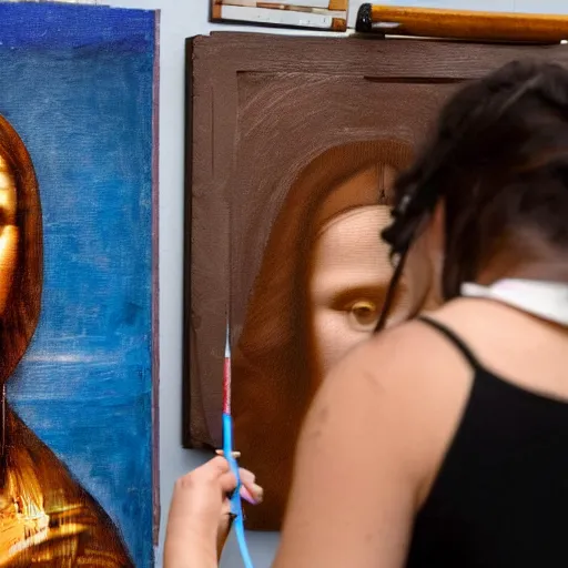 Image similar to A woman that looks like Mona Lisa is painting a portrait of Lenoardo da Vinci in a workshop